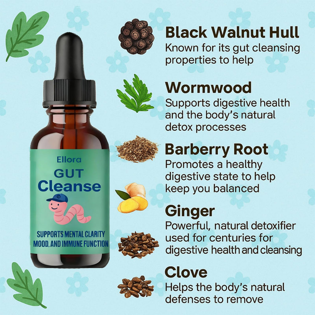Ellora Gut Cleanse Drops, Gentle Gut and Colon Support for Black Walnut Hull, Wormwood, Clove, Oregano, Licorice Root | 30 Servings