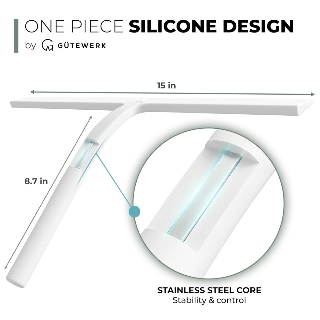 GÜTEWERK Silicone Shower Squeegee for Glass Doors & Mirrors with Stainless Steel Core, Streak-Free & No-Squeak Window Cleaning, 3-in-1 No-Drill Mount (Hook/Suction/Adhesive),White, 15 Inches