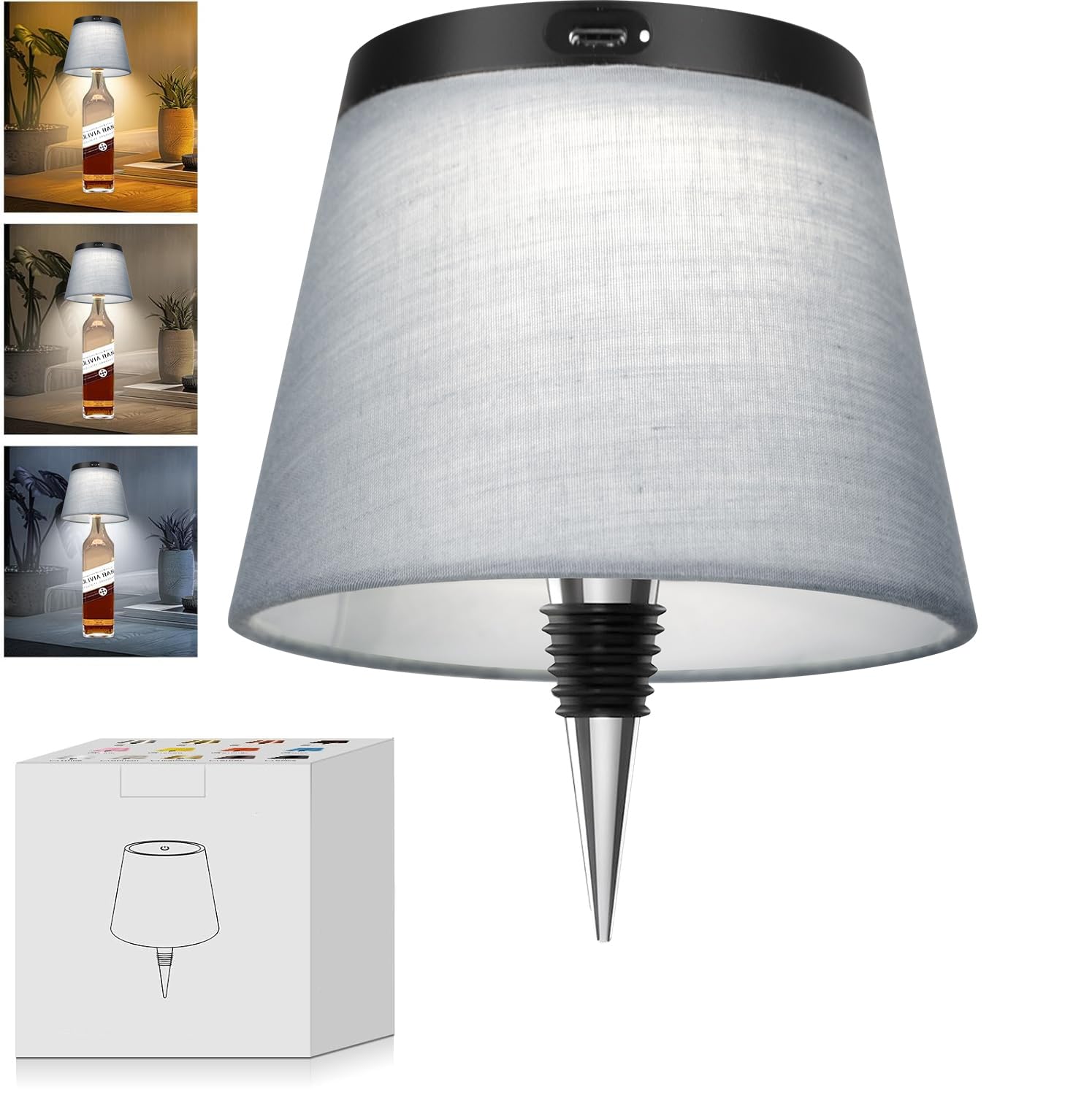 Hoide 2025 New Bottle Lamp - LED Bottle Lights for Liquor & Wine Bottles, Cordless Lampshade, Whiskey Bottle Top Light, Bottle Stopper Night Light Kit, Rechargeable 3-Tone Touch-Dimmable