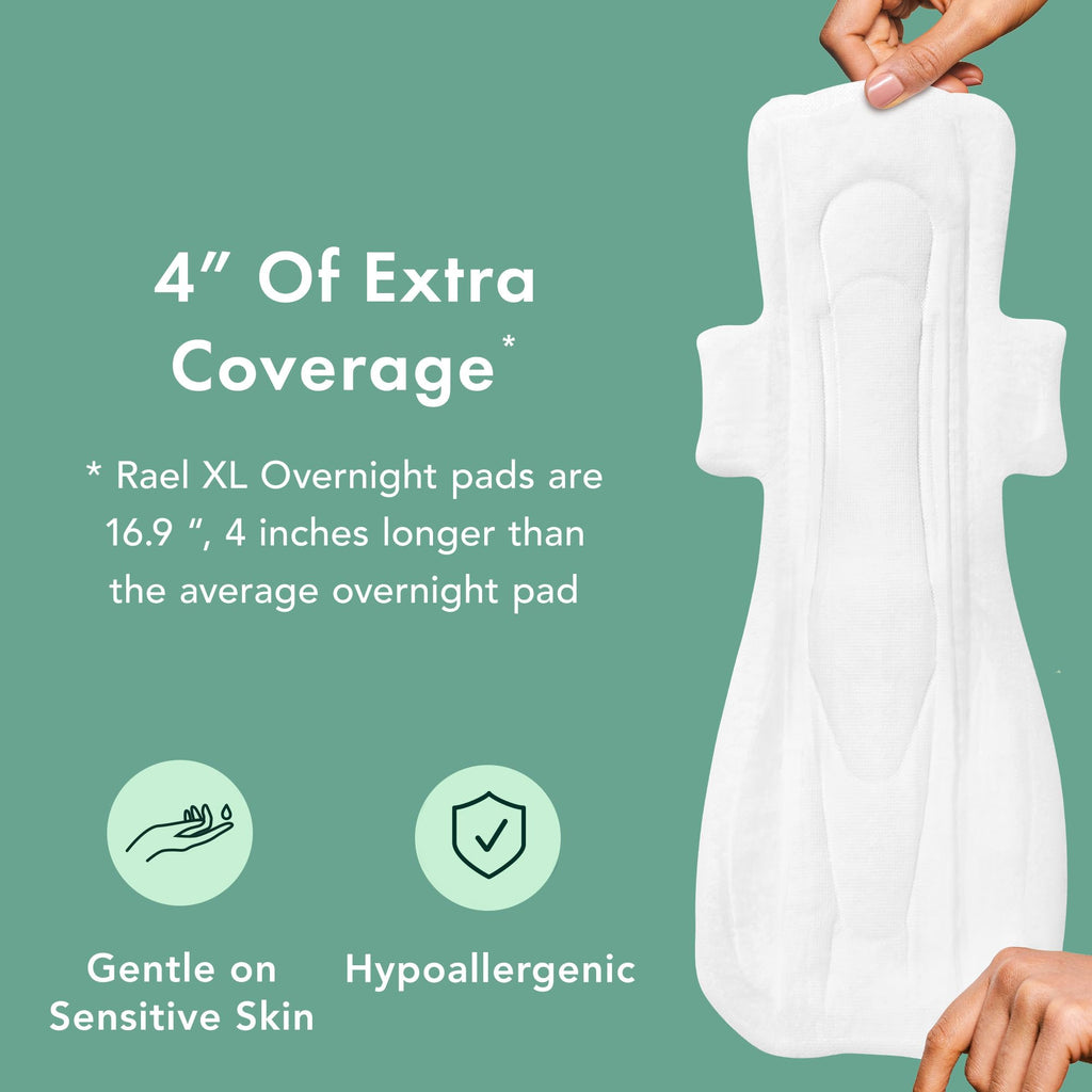 Rael Organic Cotton Cover Sanitary Pads for Women (XL Overnight, 24 Ct)