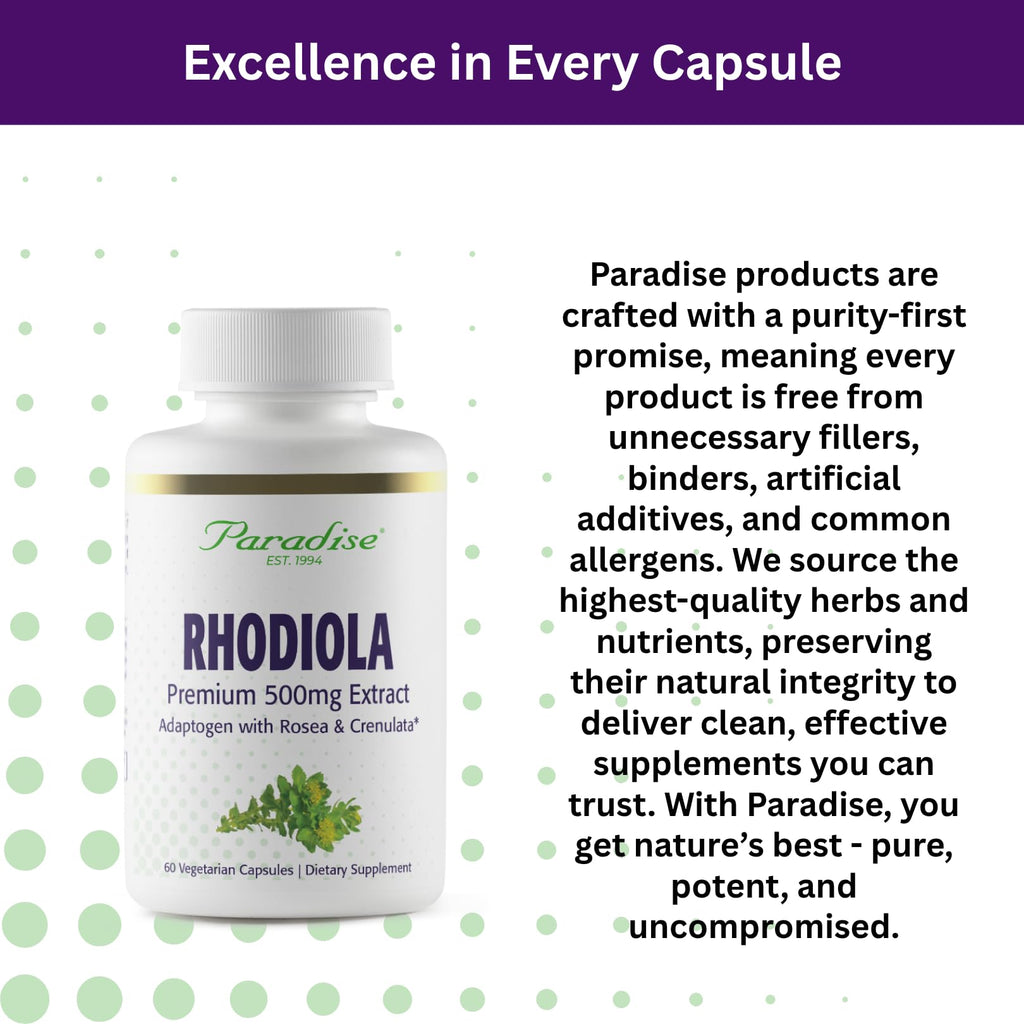 Paradise Herbs Rhodiola Extract 500mg, Super Potent Antioxidant, Ultra Pure, Vegan, Non-GMO, Gluten Free, 60 Vegetarian Capsules