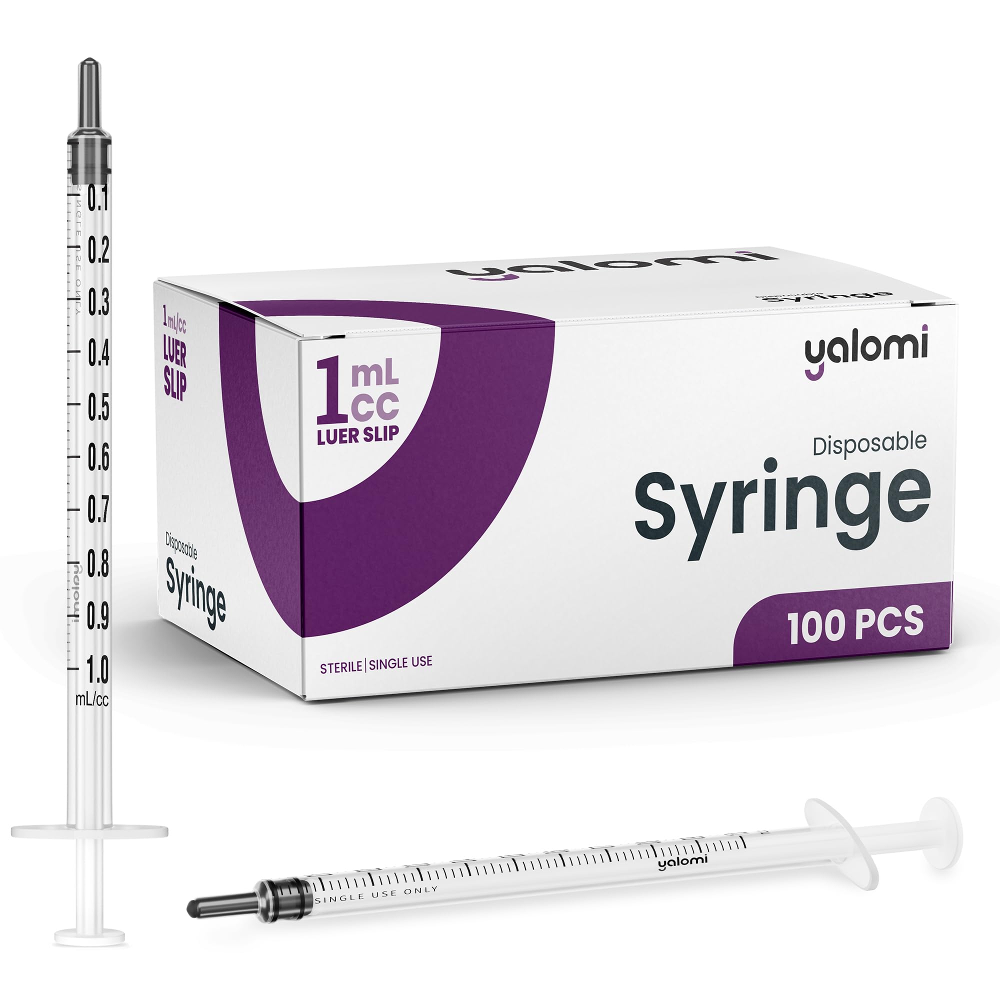 1mL Luer Slip Syringe (No Needle) | Sterile & Individually Wrapped | Professional, Industrial & Personal Use | 100 Pack | Yalomi