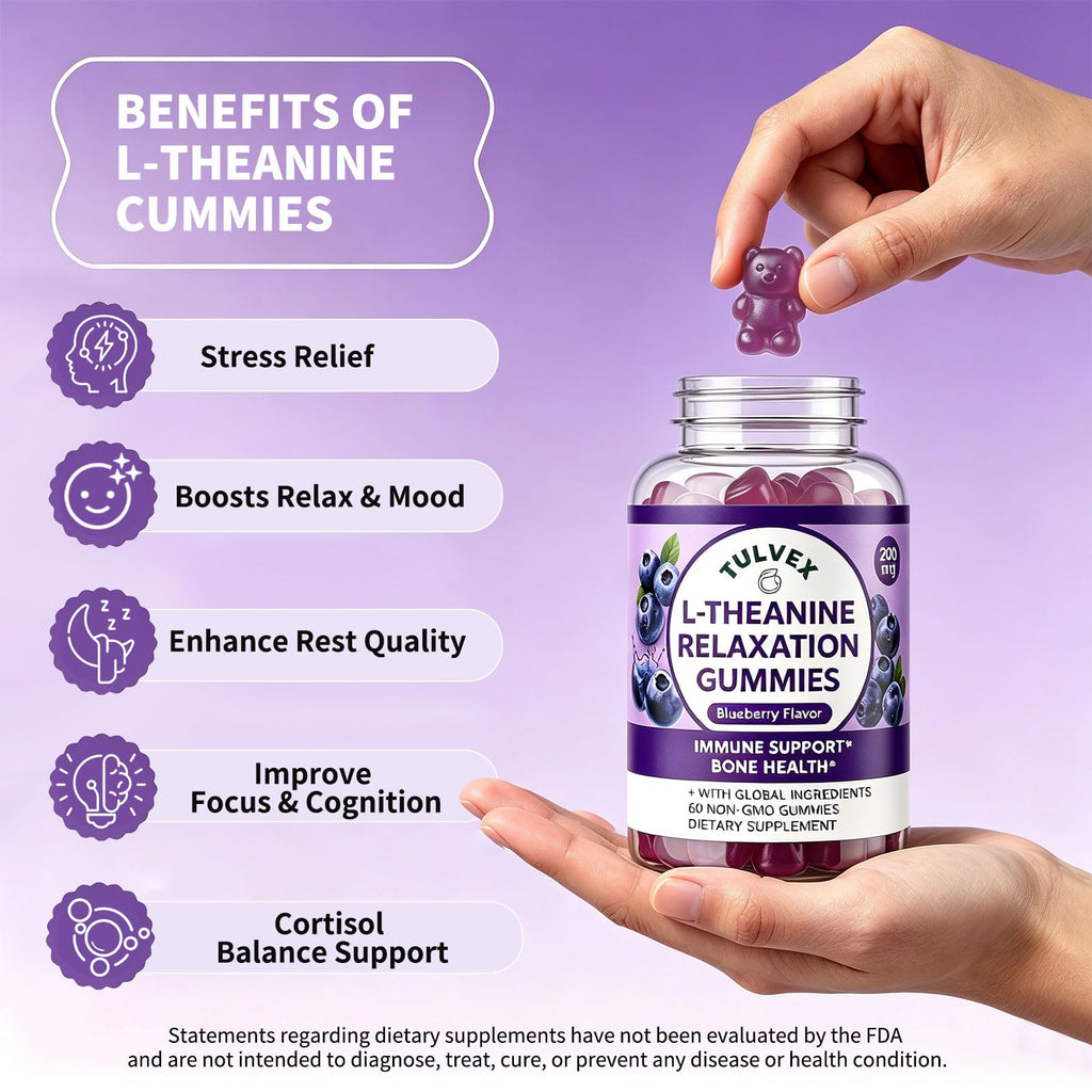 Tulvex L-Theanine Calm Gummies 200mg, Sugar-Free Liposomal L Theanine Supplement for Brain, Relax, Zzz, Stress,Fast-Acting Calm & Mood Support, Vitamin B6, Vegan,Non-GMO