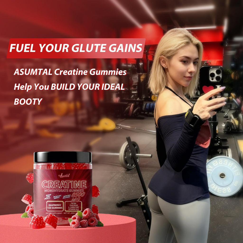 Asumtal Creatine Monohydrate Gummies Complex 8500 MG for Men & Women, Creatine Monohydrate Supplement for Muscle Growth, Strength & Energy Support, Pre Workout Gummies 120 Count Raspberry Flavor