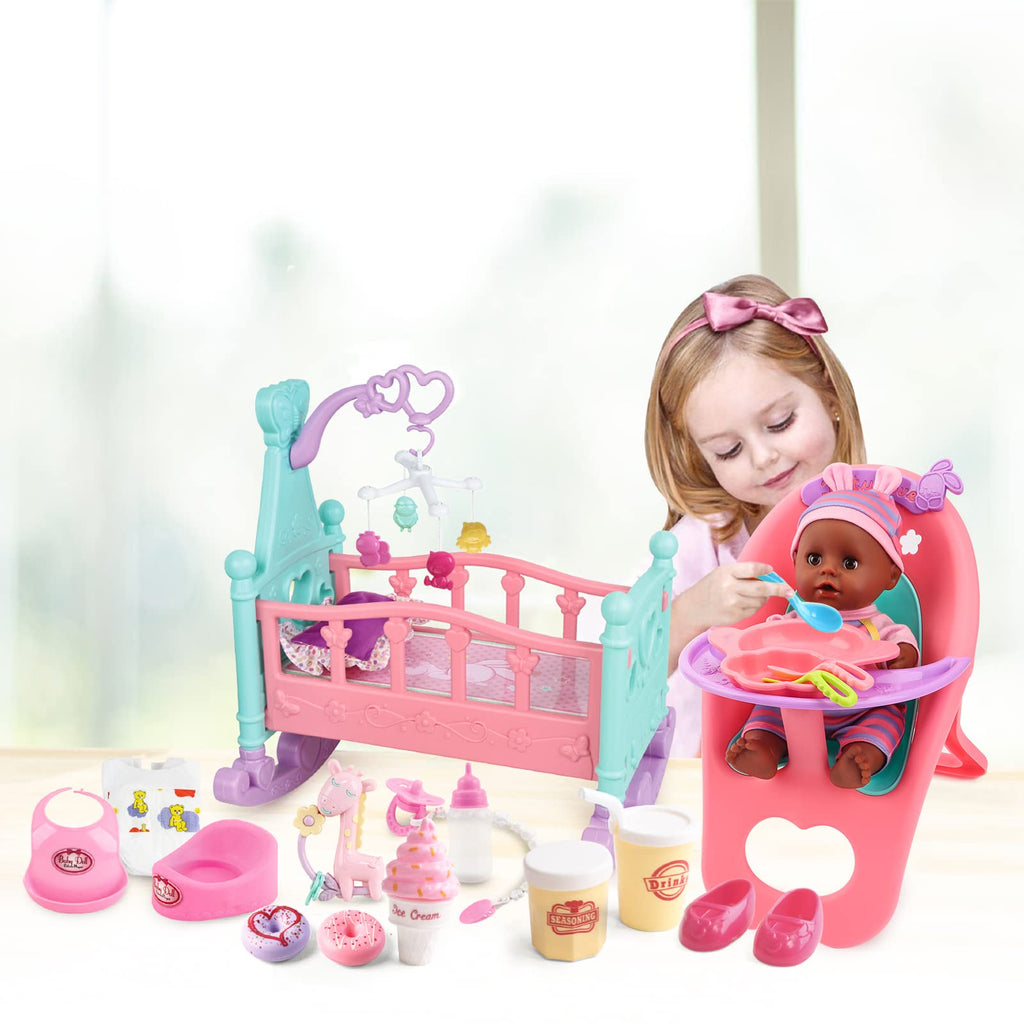 deAO Black Baby Doll Set - Mobile, High Chair, Stroller & Feeding Accessories - 21 Piece Play Set (Doll Included)