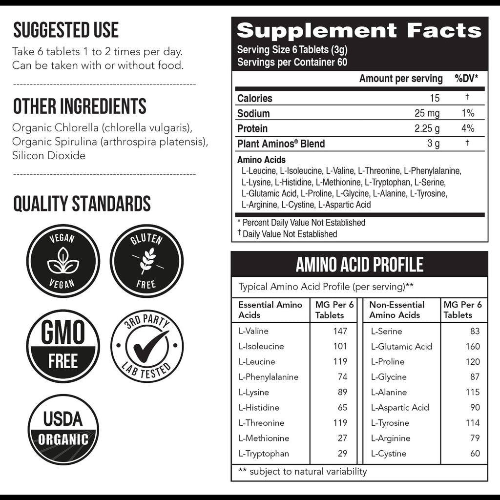 Plant Aminos Organic Essential Amino Acid Supplement (EAAs) & BCAA - 100% Plant-Based Raw, Vegan - All 9 Essential Amino Acids with 18 Total Amino Acids (360 Tablets)