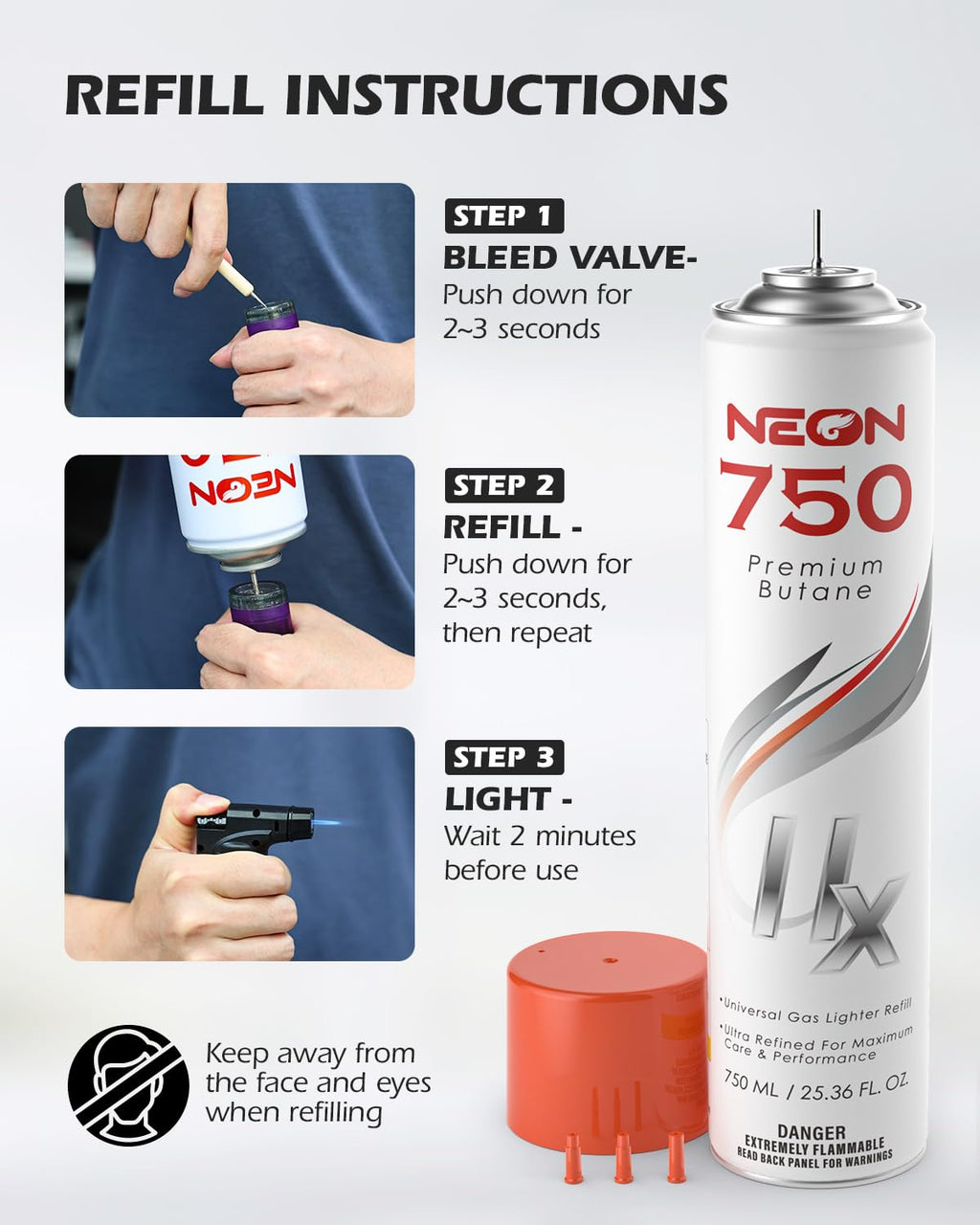 NEON Butane Fuel 750ml, 11X Ultra Refined 0 Impurities Butane Refill, Premium Universal Lighter Fluid with Metal Nozzle and 3 Butane Gas Refill Adapters for Refillable Lighters and Torches, 1 Can