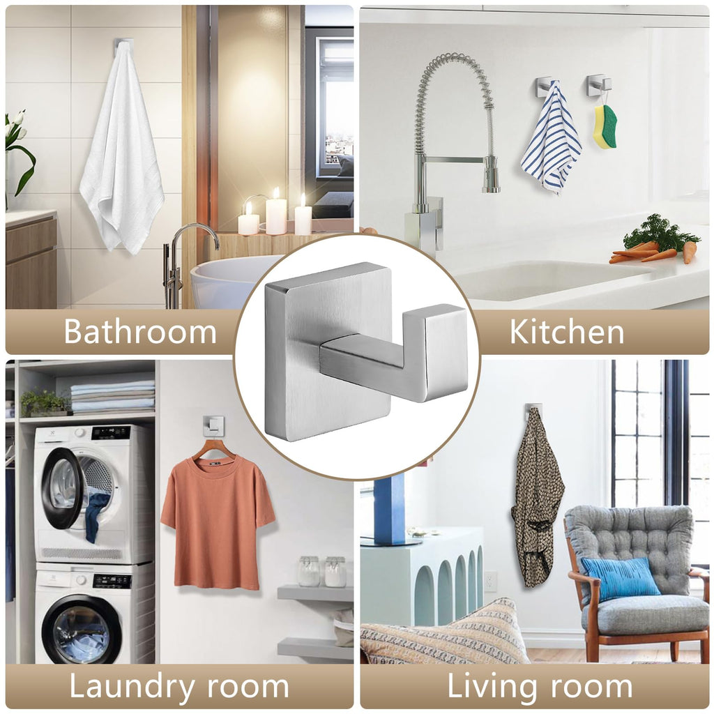 Fenas Heavy Duty Stainless Steel Towel Hooks, Wall Mounted Square Robe Hooks for Bathroom, Kitchen, Bedroom, Hotel Brushed Nickel 2 Pack