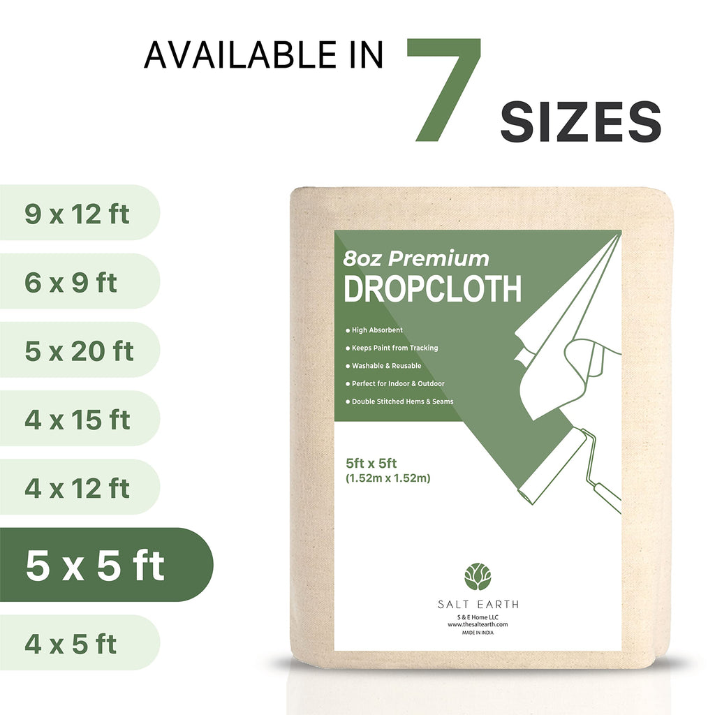 Salt Earth Canvas Drop Cloth 1Pc, Reusable Paint Drop Cloth, 100% Recycled Cotton Canvas Tarp Cover for Painter, Furniture, Floor Protection, All Purpose Painters Dropcloth for Christmas DIY (5x5 FT)