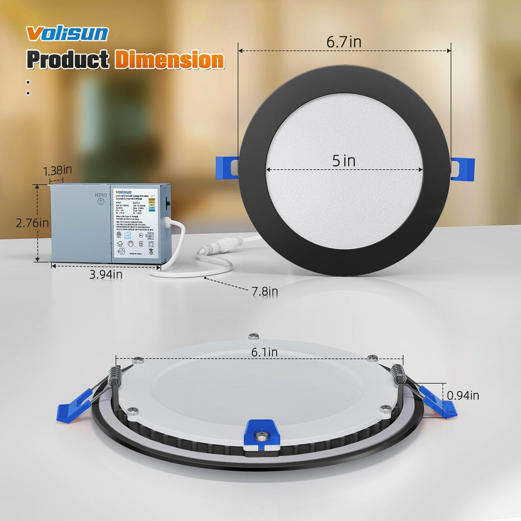 VOLISUN 24 Pack 6 inch Recessed Lighting, 5CCT LED Recessed Light Black, 2700K-5000K Selectable, 13W Eqv 120W, 1080LM Dimmable Canless Wafer Downlight, LED Ceiling Light ETL Certificated