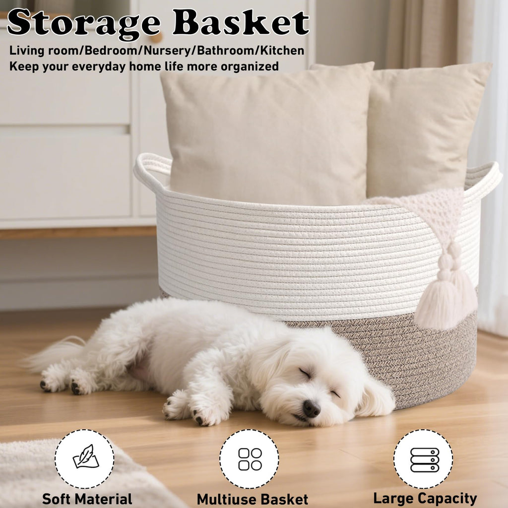 HZFTJOY Large Woven Blanket Basket,65L Cotton Rope Laundry Basket