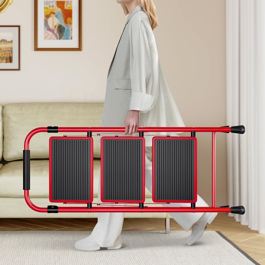 KINGRACK Step Ladder, Folding Ladder with Non-Slip and Wide Pedal, Small Ladder with Handle, Heavy Duty Steel Stool, Lightweight Step Ladder (Red, 3 Step Stool)
