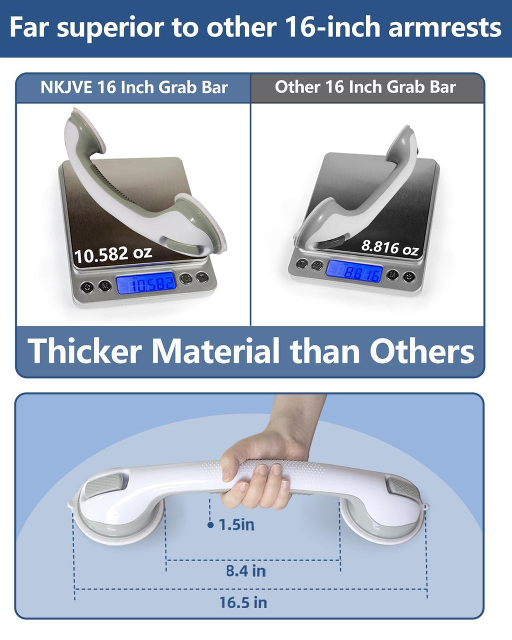 2 Pack 16.15” Grab Bars for Bathtubs and Showers, Shower Handles for Elderly Suction Cup Grab Bars for Shower Wall Heavy Duty, Safety Grab Bar for Seniors Suction Bathroom, No Drilling