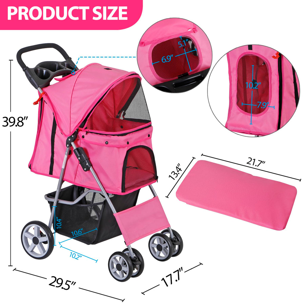 ZENY Foldable Pet Stroller, Cat/Dog Stroller with 4 Wheel, Pet Travel Carrier Strolling Cart with Storage Basket, Cup Holder (Pink)