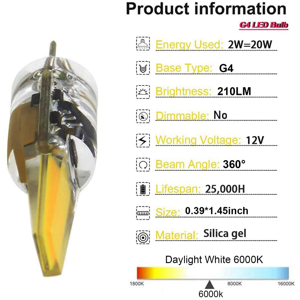 G4 LED Bulb 2W Equivalent to 20W T3 JC Type Bi-Pin G4 Base Halogen Bulb, AC/DC 12V Daylight White 6000K G4 Bulb for Under Cabinet Light, Ceiling Light, RV, Boats, Outdoor Landscape Lighting (10 Pack)