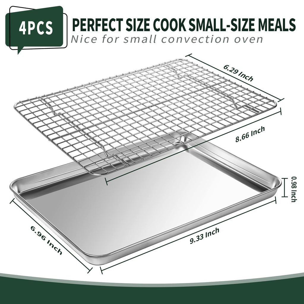 Small Baking Sheet with Rack Set [2 Small Cookie Sheets + 2 Small Baking Racks], CEKEE Stainless Steel Small Baking Pan and Grill Rack - Rust & Warp Resistant & Nonstick, Size 9.33 x 6.96 x 1 Inch