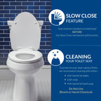 Mayfair Cassel slow close toilet seat, easy clean non-slip premium wood seat, install, made in USA, elongated, white