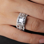 RYANEE Princess Cut Cubic Zirconia Halo Promise Engagement Ring For Women in 925 Sterling Silver, Simulated Diamond 14k White Gold Plated CZ Stackable Rings For Her, Wedding Band Bridal Ring Set 7
