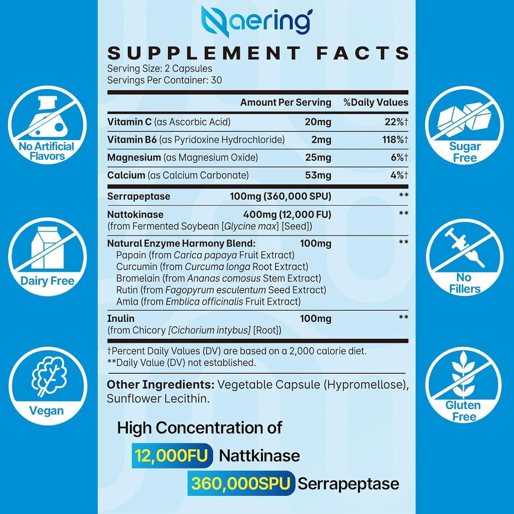 Liposomal Nattokinase 12,000 FU Serrapeptase 360,000 SPU Enzyme Supplement - Enriched with Synergistic Enzymes and Nutrient Blend & Inulin for Circulatory, Gut, Digestion 60 Capsules (2 Bottle)