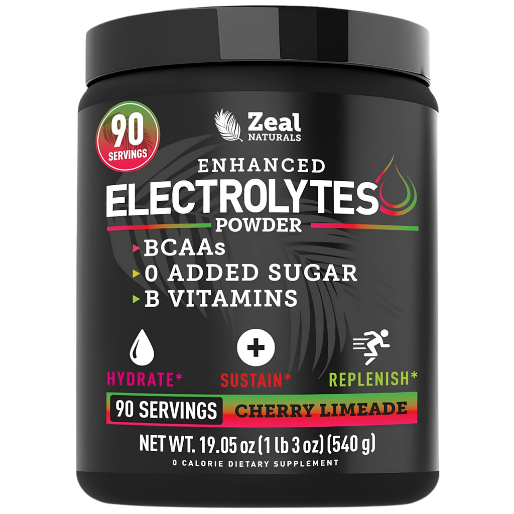Zeal Electrolyte Powder - 90 Servings | Keto Electrolytes Powder | Zero Sugar, BCAAs, B-Vitamins | Potassium, Zinc, Magnesium | Hydration Powder Recovery Drink | Cherry Limeade