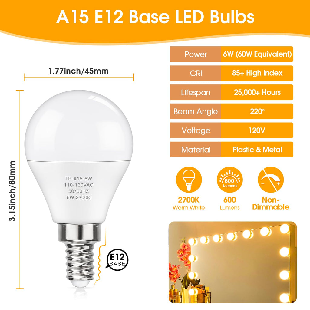MAXvolador E12 LED 60W Equivalent Warm White 2700K Ceiling Fan Bulbs, 600LM CRI 85+ Small Base Candelabra Bulbs, 6W Non-Dimmable, Pack of 6
