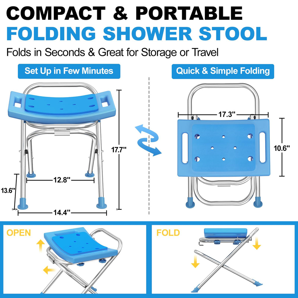 Medhelp Upgraded Folding Shower Chair, Stainless Steel Foldable Shower Seat for Inside Bathtub, Lightweight & Portable Travel Shower Stool, Anti-Slip Feet Bath Chair for Elderly, Disabled, Injured