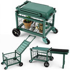Rolling Garden Cart with Seat, Metal Garden Work Seat with 360° Swivel Wheels, Storage Basket, Workbench, and Tool Bag, Upgraded Heavy Duty Gardening Wagon and Stool for Seniors