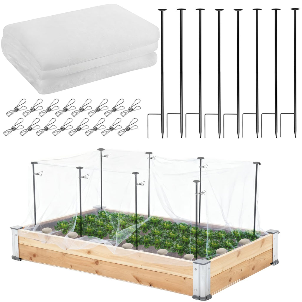 Metal Garden Netting Kit, 8 Pack 2.6ft Raised Garden Bed Net Support Stakes with 13×10ft Fine Mesh Insect Netting 16pcs Clips Bird Barrier Screen Cover for Protect Plant Vegetable Row from Animals Bug