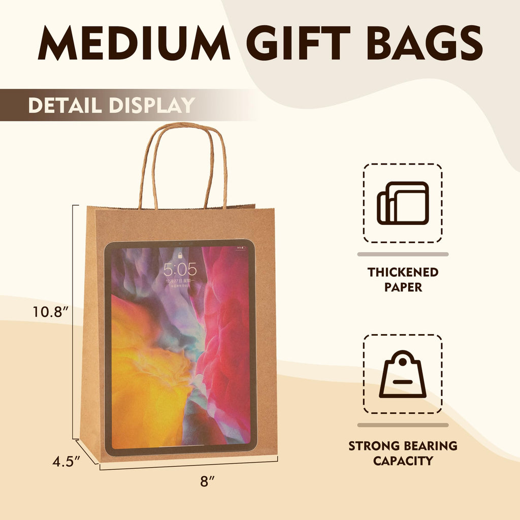 YEEHAW 100 pcs Brown Paper Gift Bags with Handles, 8x4.5x10.8 Inch, Medium