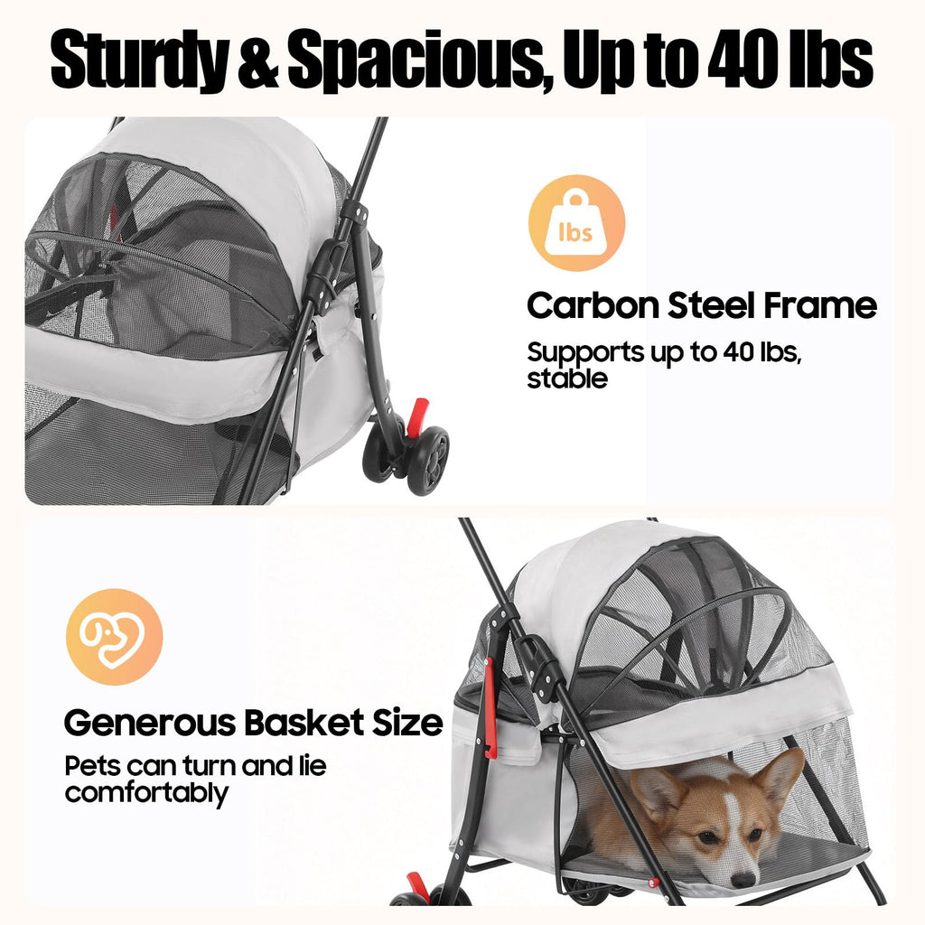 Pet Stroller for Small Medium Dogs Cats, Lightweight Foldable Pet Wagon with 360° Front Wheels & Brake, 40 lbs Capacity Carrier for Park Travel Shopping, Breathable Mesh Basket (Light Gray)