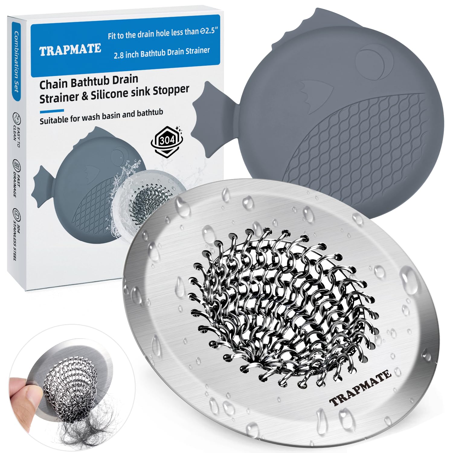 TRAPMATE Shower Drain Hair Catcher, 2.8" Fast Drainage Bathtub Stopper Drain Strainer Kit, Stainless Steel Shower Drain Cover, Bathtub Drain Protector for Sinks & Tubs (Patented Product)