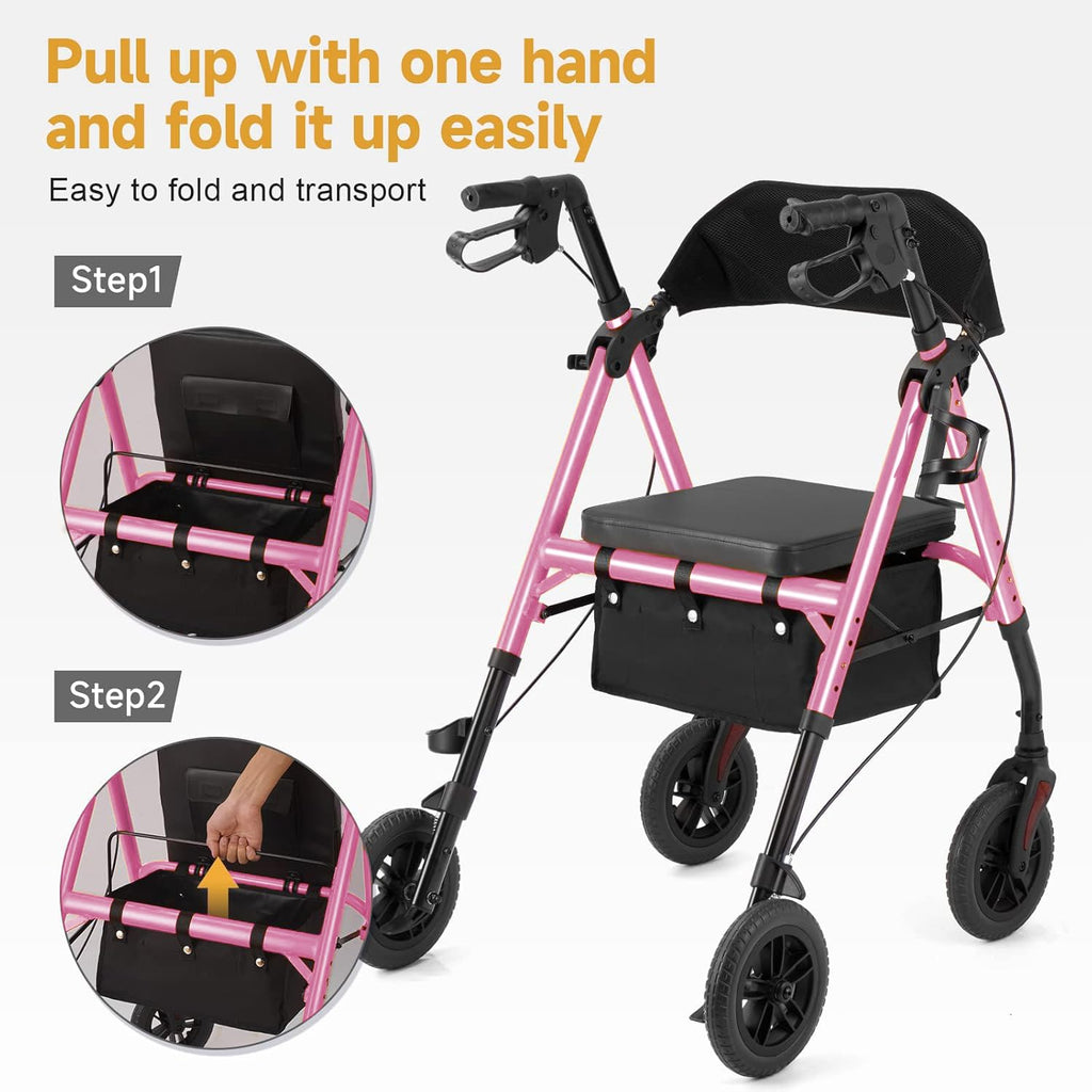 Flyingjoy Lightweight Rollator Walker with Seat & Backrest - Foldable Mobility Aid for Seniors, 8" Airless Tires, Adjustable Height, 300 lbs Capacity, 4 Wheel Rolling Walkers for Seniors Pink