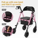 Flyingjoy Lightweight Rollator Walker with Seat & Backrest - Foldable Mobility Aid for Seniors, 8" Airless Tires, Adjustable Height, 300 lbs Capacity, 4 Wheel Rolling Walkers for Seniors Pink