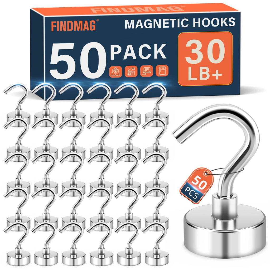 FINDMAG Magnetic Hooks, 30lbs Heavy Duty Magnets with Hooks, Strong Cruise Magnetic Hooks, N52 Metal Hooks for Cruise Ship Walls, Classroom, Office, Kitchen, Home, Cruise Must Haves (50 Pack, Silver)