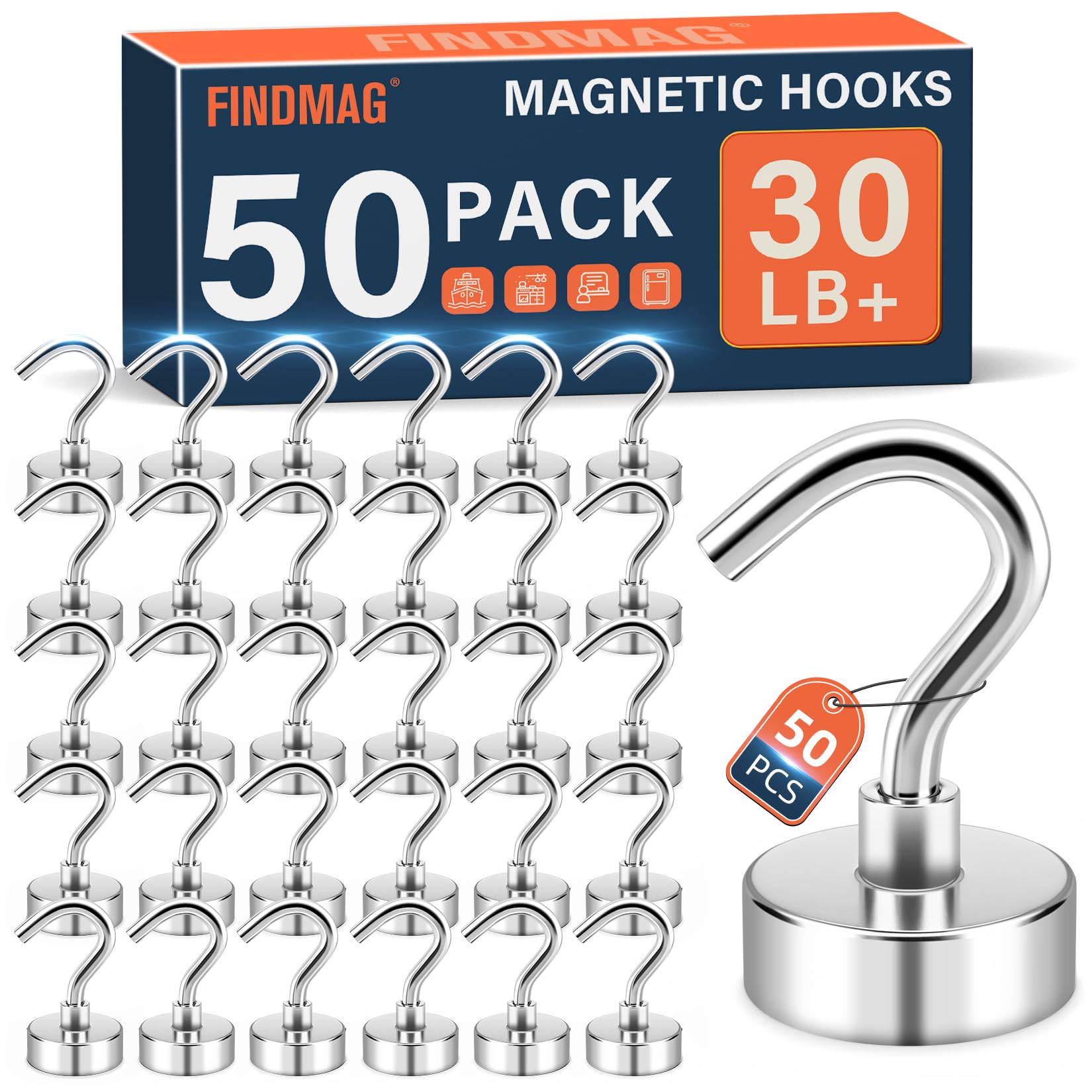 FINDMAG Magnetic Hooks, 30lbs Heavy Duty Magnets with Hooks, Strong Cruise Magnetic Hooks, N52 Metal Hooks for Cruise Ship Walls, Classroom, Office, Kitchen, Home, Cruise Must Haves (50 Pack, Silver)