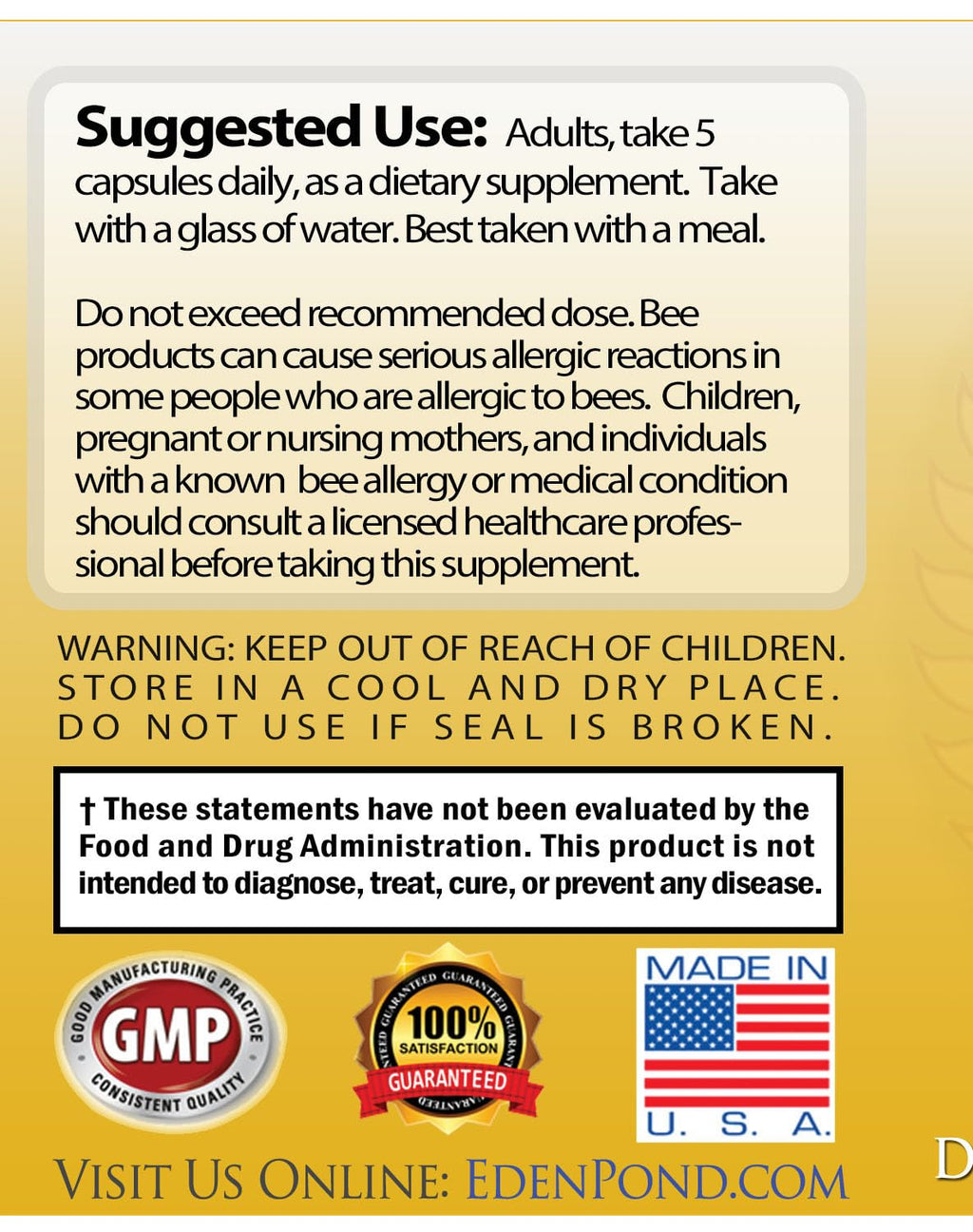 Eden Pond Queen's Magic Bee Pollen (Royal Jelly 1500mg, Propolis 1000mg, Beepollen 750mg) in 3 Daily Capsules, 120 Count