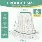 6 Pack Commercial Mop Head Replacement – Heavy Duty Mop Head for General and Floor Cleaning | Industrial Wet Mops | Washable Refill, Reusable, Looped End Mopheads | Hardwood, Concrete（White）
