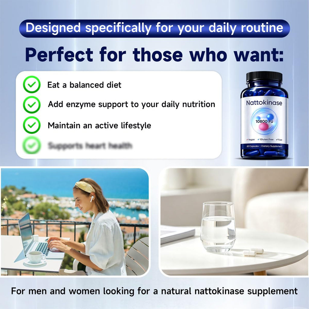 Xhnbbghao Ultimate Nattokinase Capsules, Nattokinase Supplement 10800 FU Per Serving, Serving for Body Health, and Daily Wellness Support, Vegan, Gluten Free, 60 Capsules