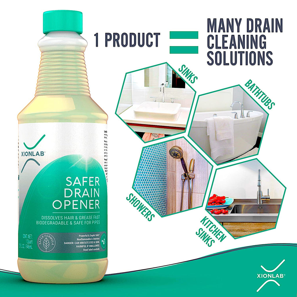 XionLab Safer, Greener Drain Clog Remover – Industrial-Strength Liquid Drain Cleaner for Hair & Grease – Septic Safe, Odorless, Biodegradable for Bathroom Sink, Bath Tub, & Shower Drain – 32 oz