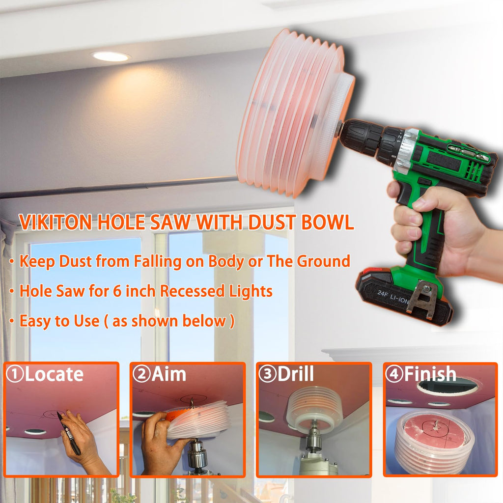 VIKITON 6-1/8 Hole Saw for Recessed Lights, 6.1 Inch Hole Cutter with Dust Bowl Catcher for Led Recessed Lighting 6 Inch and Wood Metal Drywall, Bi-Metal Construction