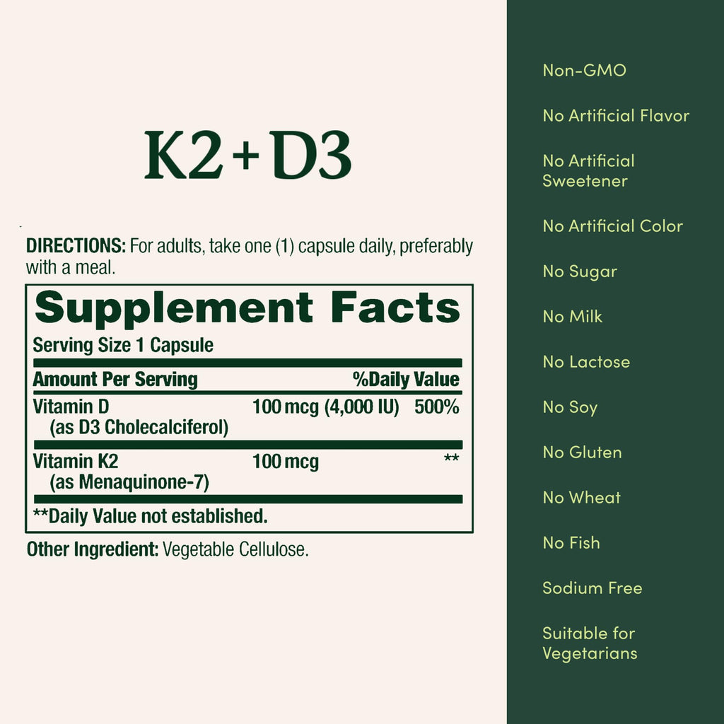Nature’s Bounty Vitamin D3 K2 Supplement, 4000 IU Vitamin D3 plus 100 mcg of Vitamin K Supplements for Adults for Heart & Bone Health Support, 60 Day Supply, 60 Vegetarian Capsules