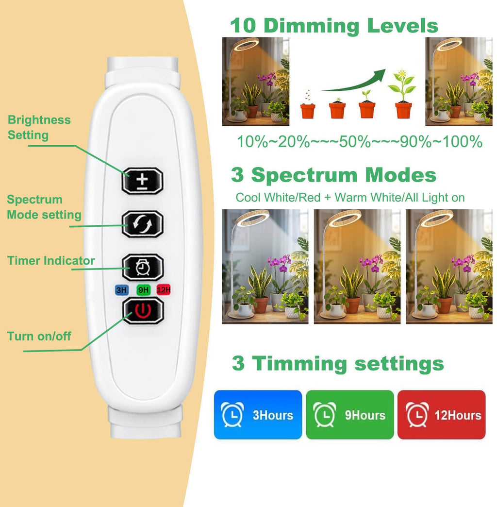 Grow Lights for Indoor Plants Full Spectrum, Desk LED Plant Light with Faux Wood Grain, 12"-43" Height Adjustable, Auto On/Off Timer 3/9/12H, 3 Modes 10 Dimmable Levels for Succulents, Herbs