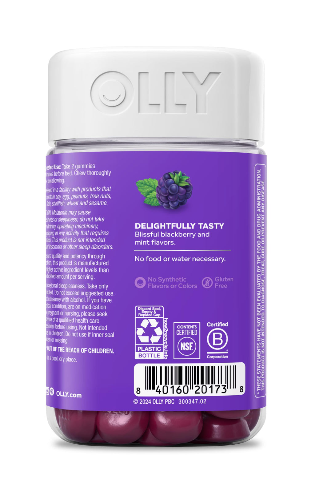 OLLY Sleep Gummy, 3mg Melatonin, L-Theanine, Chamomile, Lemon Balm, Sleep Aid, BlackBerry, 90 Count