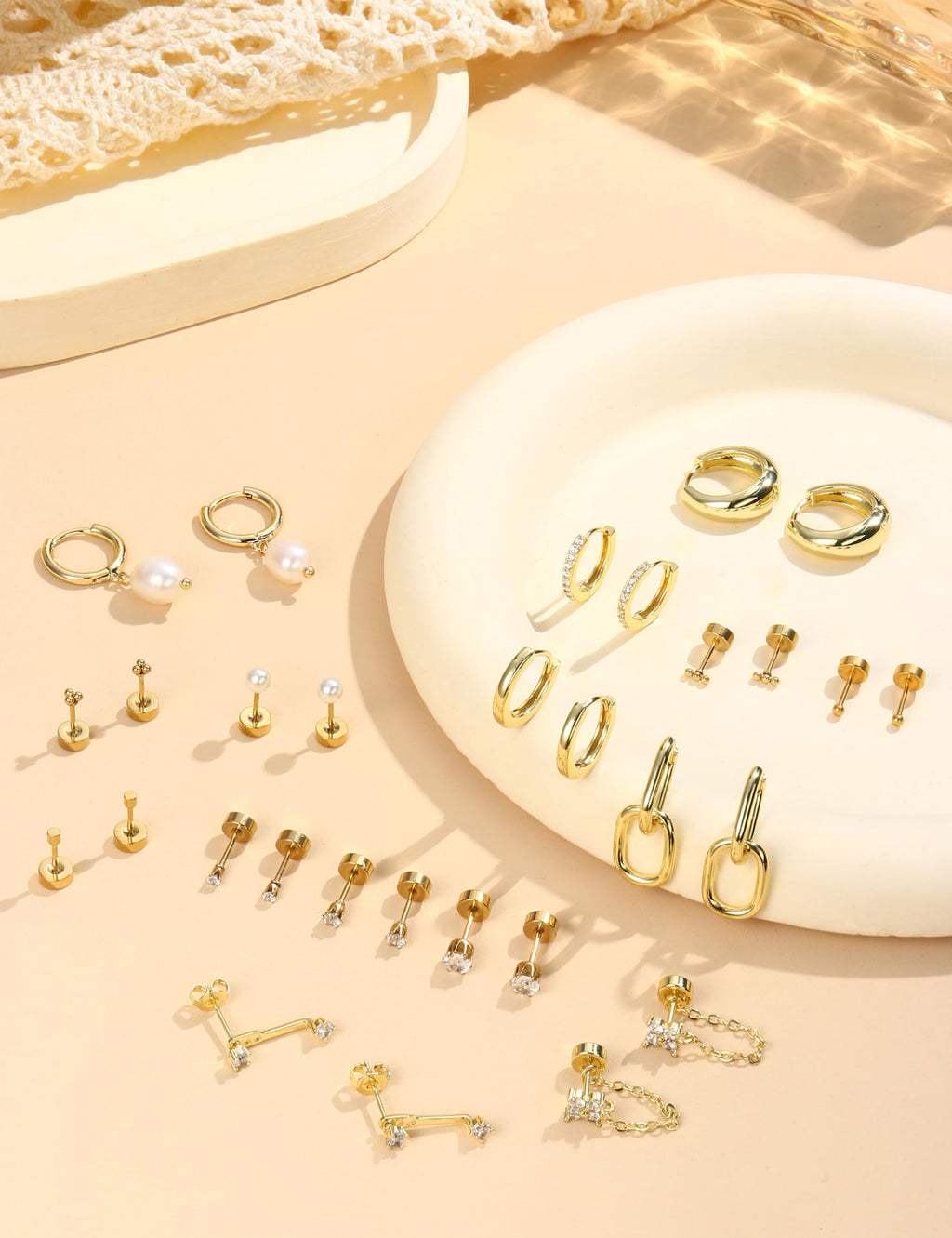 LOLIAS Flat Back Earrings for Women Hypoallergenic Surgical Steel Earrings for Sensitive Ears-20G Cartilage Earring Stacks 14K Gold Plated Hoops Flatback Stud Earring Sets for Multiple Piercing