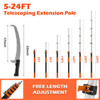 30FT Manual Pole Saw for Tree Trimming, 5-24FT Telescoping Extension Pole with Flip-Lock & Screw Dual Locking, 19" 3X Detachable Pruning Saw Head, Yard Maintenance Pruner for Garden Palms Shrubs