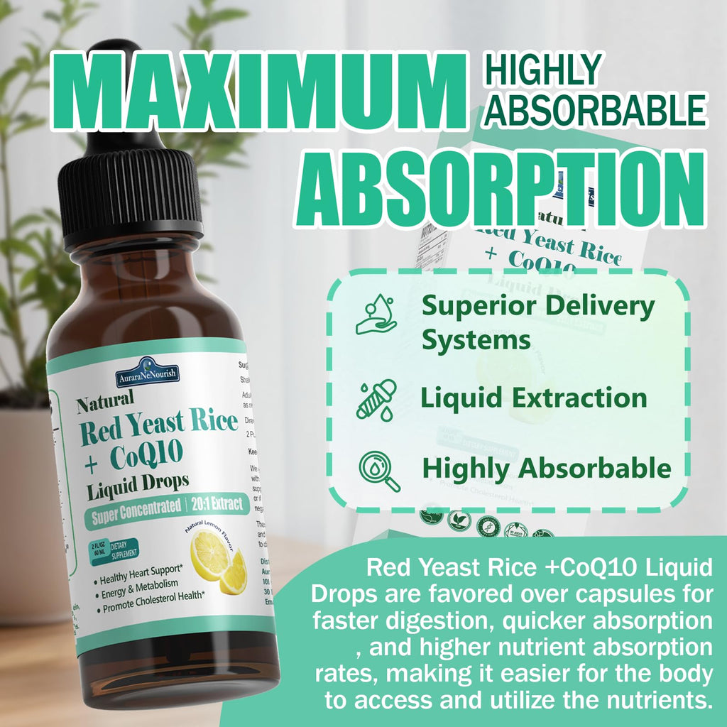 2 Packs Liposomal Red Yeast Rice with Coq10 Liquid Drops, 5-in-1 Extra Strength 1200mg Healthy Cholesterol & Heart Support with Citrus Bergamot Alpha Lipoic Acid, Citrinin-Free, 2 Month Supply