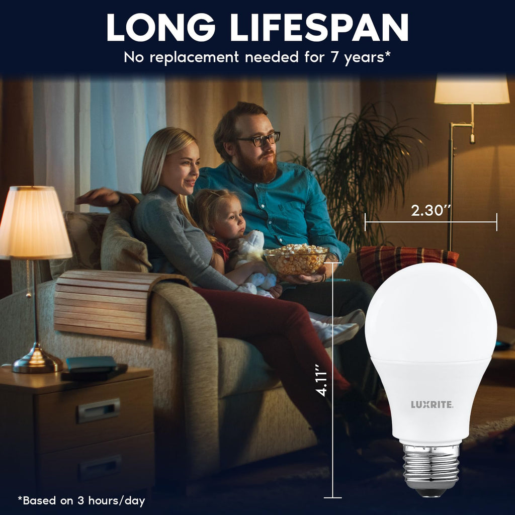LUXRITE A19 LED Light Bulb 60 Watt Equivalent, Non Dimmable, CRI80, 3000K Soft White, 800LM, Standard LED Light Bulbs 8W, E26 Base, Enclosed Fixture Rated, Damp Rated, ETL Listed (8 Pack)