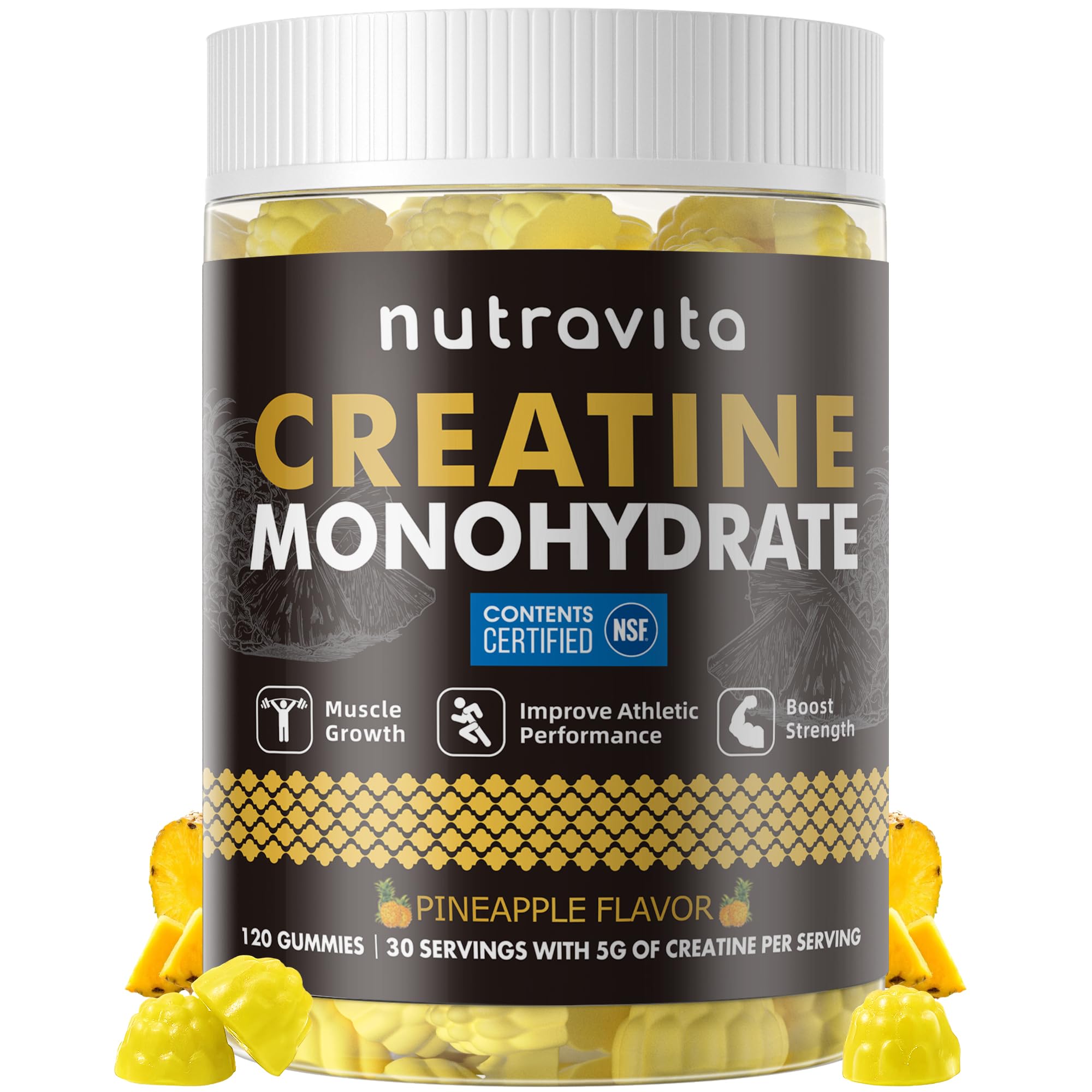 Nutravita NSF Certified Creatine Gummy - Creatine Monohydrate Gummies for Men & Women-5g of Creatine Monohydrate per Serving - Sugar Free,Vegan,Pineapple Flavor, 120 Count