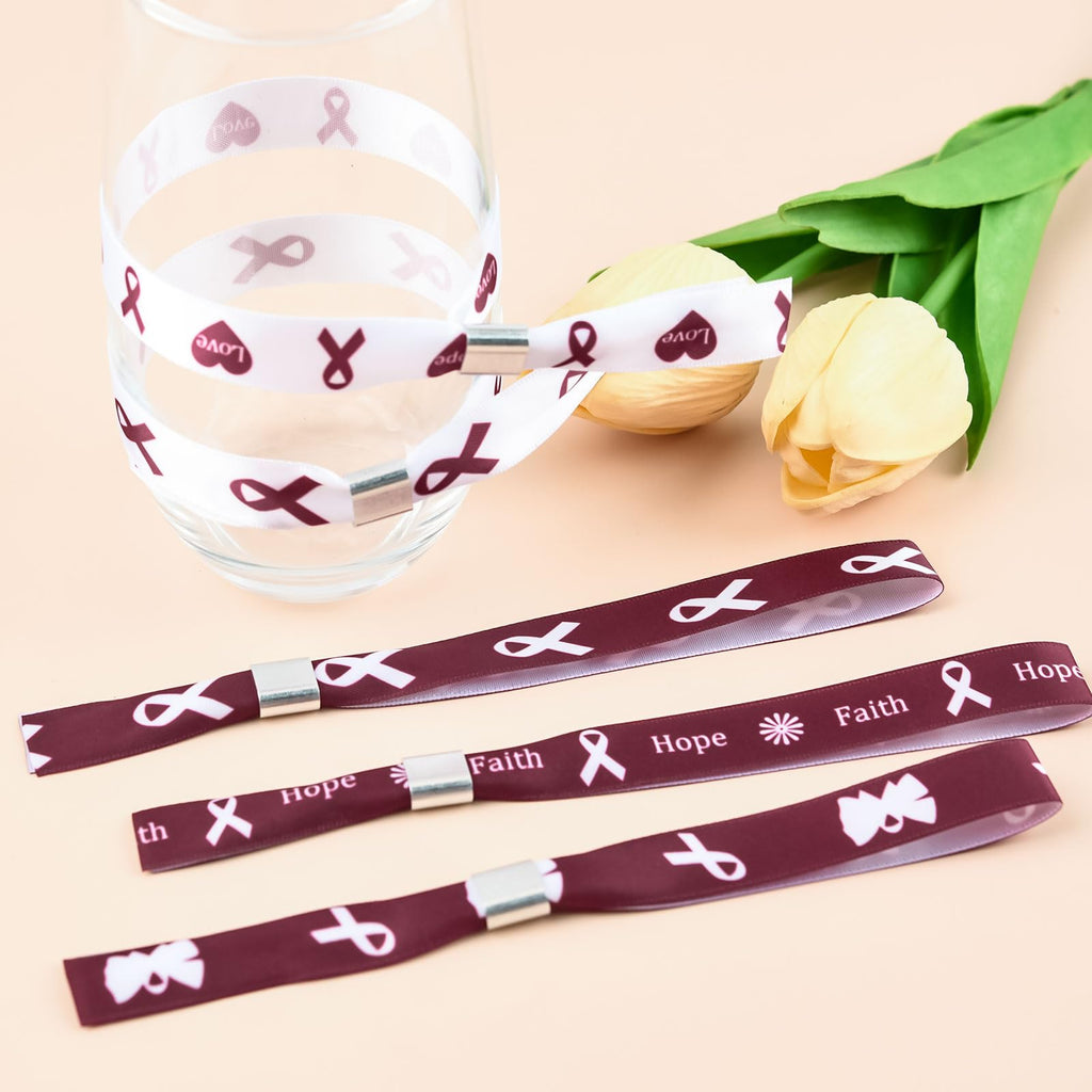 WANDIC 30 Pcs Burgundy Ribbon Bracelets, 5 Style Polyester Single Side Adjustable Multiple Myeloma Awareness Support Wristband for Event Fundraising, 6.89 * 0.59 * 0.07, no Gemstone
