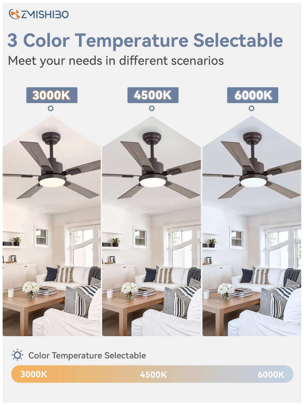 ZMISHIBO 52 inch Bronze Ceiling Fans with Lights and Remote, Indoor/Outdoor Farmhouse Ceiling Fan for Bedroom Living Room Patio, 6 Speed Reversible Quiet DC Motor, 3 CCT, Dual Finish Blades